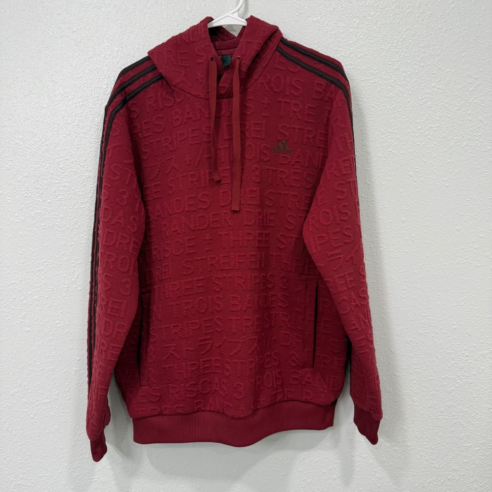 Adidas Mens Embossed Text Hoodie Burgundy Red 3‎ Stripe Pullover Large